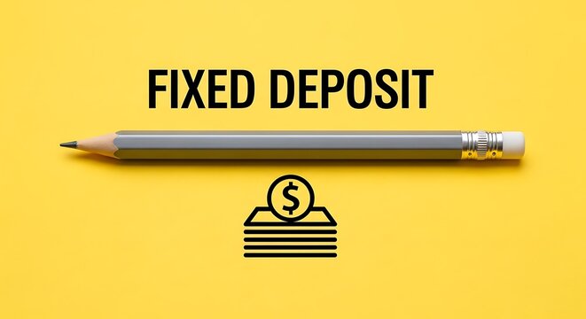 Fixed deposit financial concept on yellow background, banking investment and savings plan, grey pencil with money icon for wealth management