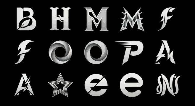 Collection of Unique Monograms and Letter Logos in Silver and White on Black Background