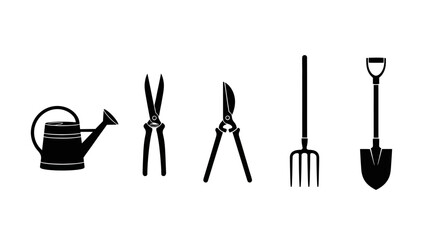 Gardening tools icons including watering can pruning shears loppers fork and shovel on white background © Pabitra