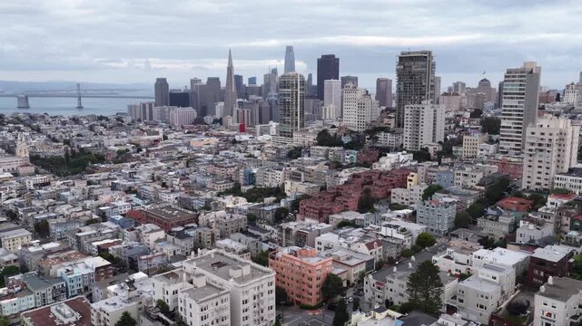 Dense San Francisco neighborhoods with Victorian homes spreading toward Transamerica Pyramid and Salesforce Tower under overcast sky in San Francisco, California, USA. Aerial drone wide shot.
