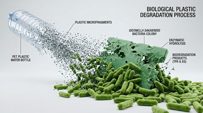 Conceptual Studio Shot of Plastic-Eating Bacteria Ideonella Sakaiensis Biodegrading PET Plastic.
