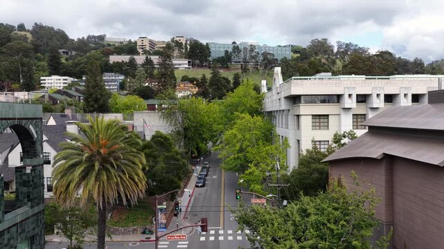 UC Berkeley campus with arched stone building, palm tree and glass facades lining street rising toward forested hillside under overcast sky in Berkeley, California, USA. Aerial drone dolly shot