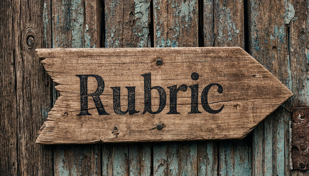 Wooden Arrow Sign with the Word 'Rubric' on Rustic Background