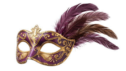 Ornate venetian mask with purple and gold feathers on transparent background carnival masquerade feather decorative © ATIQULISLAM