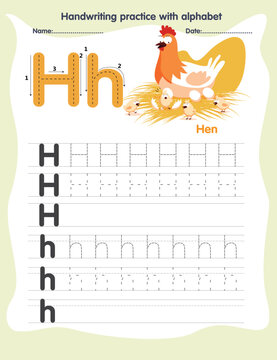 Handwriting practice sheet with letter h rooster and chicks illustration