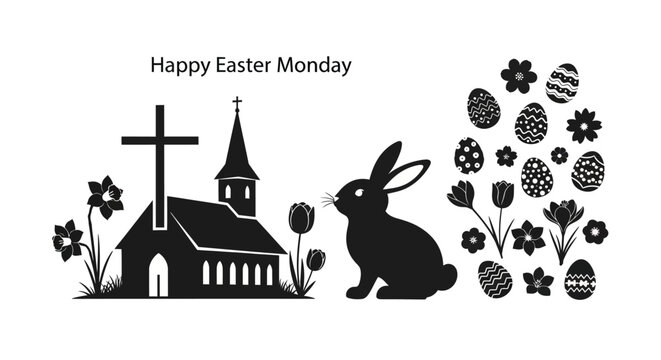 Easter monday celebration silhouette with church bunny eggs