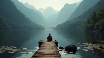 Obraz premium Person Meditating on a Dock by a Serene Lake Surrounded by Mountains