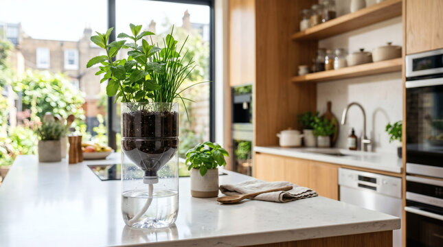 Eco-Friendly Self-Watering Planter Made from Recycled Plastic Bottle in Modern Kitchen