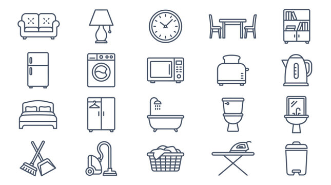 A collection of various household items and appliances in a modern home interior setting with furniture and devices.