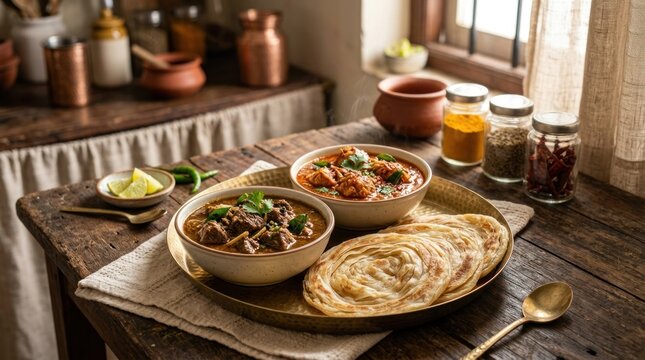 Authentic Indian Meal with Curries and Paratha on Rustic Table.