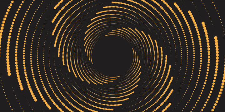 Swirl pattern with dots. Half ton circle on black background. Abstract background with dotted circles. Vector illustration.