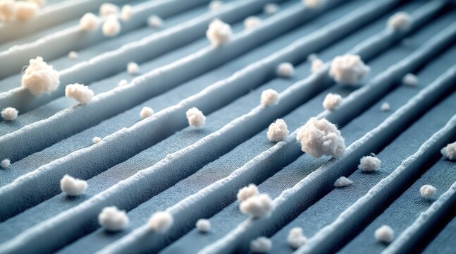 Close-up of nanofiber air filter capturing white dust particles on blue mesh background