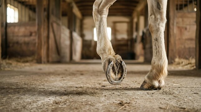 Close-up of horse hoof standing on rustic barn floor