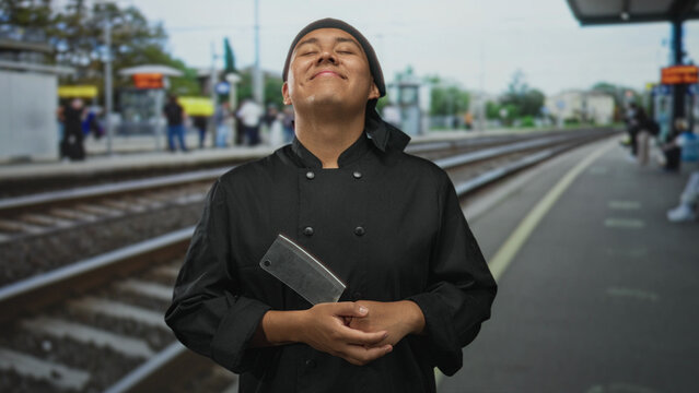 Man chef holding cleaver with hands on street platform at train station, eyes closed and smiling in black coat; pride tradition.