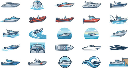 Obraz premium Motorboat vector luxury yacht icon set for maritime transport speed boat ocean cruise isolated on white background