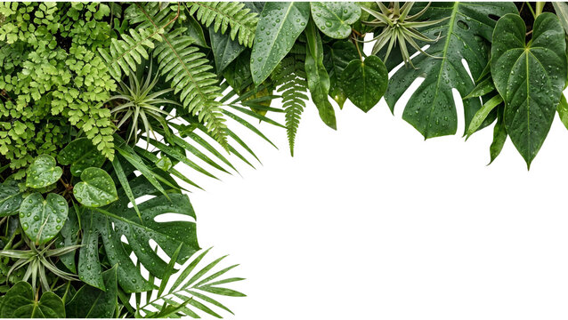 Assortment of tropical foliage and ferns with water droplets on transparent background leaves greenery monstera