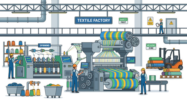 Textile Factory Interior with Weaving Machines and Workers