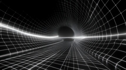 Naklejka premium 3d abstract black and white background. Retrowave retro 80s 90s futuristic grey laser neon grid surface. Wireframe tunnel net in dark space isolated black Disco music template
