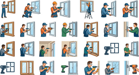 Fototapeta premium Window installation vector home repair icon set for construction maintenance worker service isolated on white background