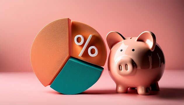 abstract pie chart with a percentage symbol alongside a piggy bank on a pink background