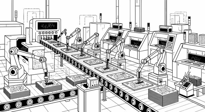 Automated Robotic Assembly Line in Electronics Manufacturing Factory