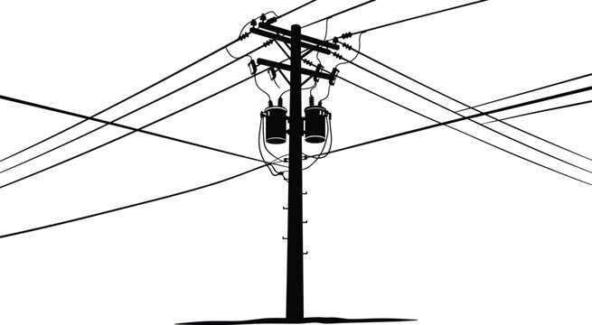 Utility pole with electrical power lines and transformers silhouette vector illustration isolated on white background