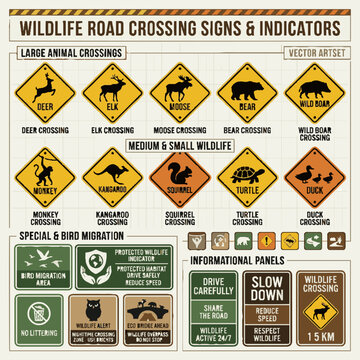 Wildlife Road Crossing Signs and Animal Migration Indicators Vector Set.