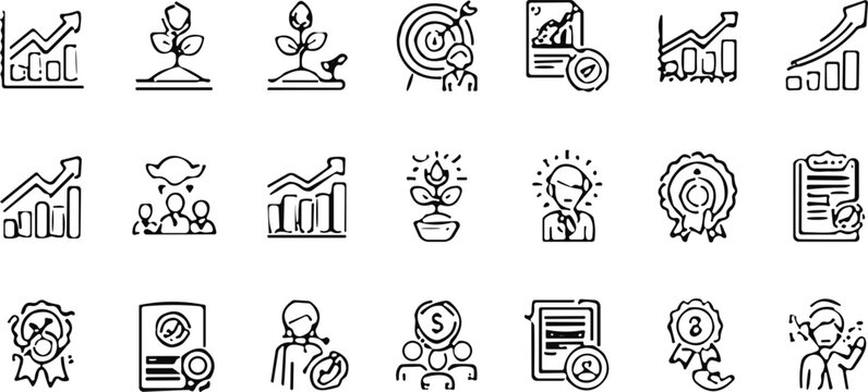 PrintBusiness growth and financial success hand-drawn doodle icon set with charts target plant medal document customer support and team symbols isolated on white background