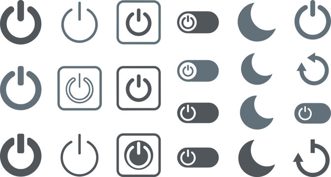 Power button vector switch toggle icon set for electric turn off standby isolated on white background