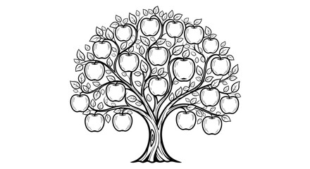 Black and White Apple Tree Illustration Coloring Page © Pak