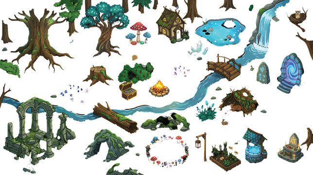 Fantasy forest game asset collection with trees, ruins, river, portal, and magical elements in vector illustration style