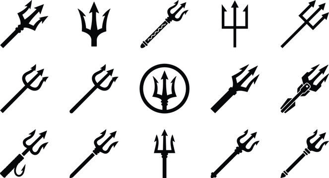 Trident vector neptune spear icon set for poseidon ocean mythology logo design isolated on white background