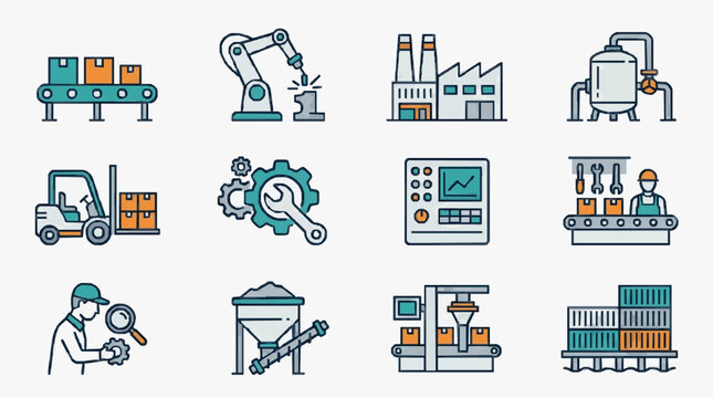 Professional Illustrated Icons of Industrial Automation Manufacturing and Warehouse Operations in Minimalist Style