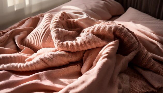 close up of crumpled dusty rose linen bed sheets with deep wrinkles and soft shadow patterns in warm morning sunlight a cream knitted throw