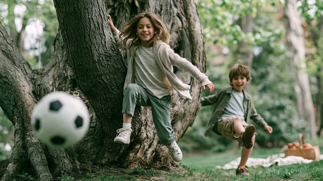 Smiling girl and boy climbing a tree and kicking a ball in a leafy park, with no devices in sight and a picnic blanket nearby. Fresh spring daylight, candid movement.