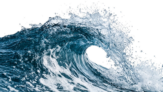 Dynamic water wave with swirling foam and crest captured in a studio setting on transparent background