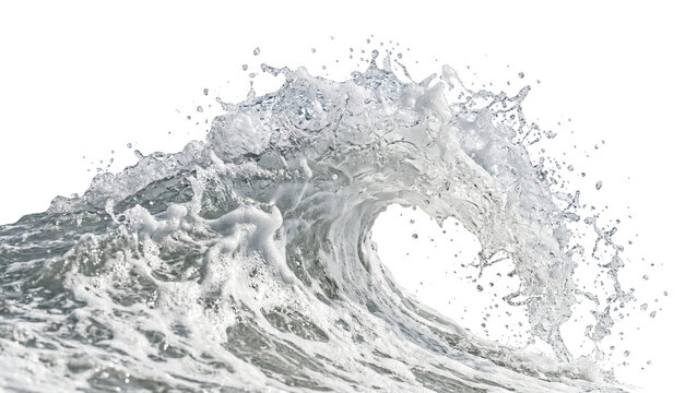 Crashing ocean wave with spray and foam detailed water texture on transparent background splash sea