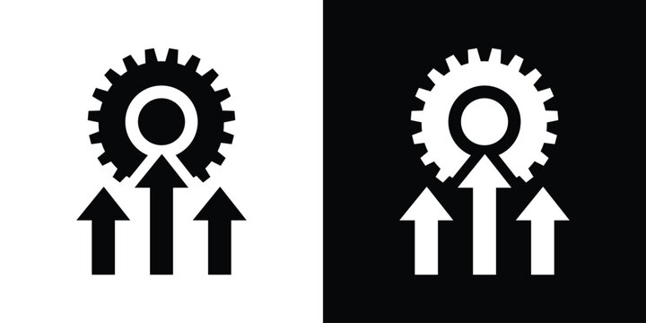 Growth and optimization icon featuring gear with rising arrows, symbolizing operational efficiency, business progress, and technical synergy. Available in black and white versions.