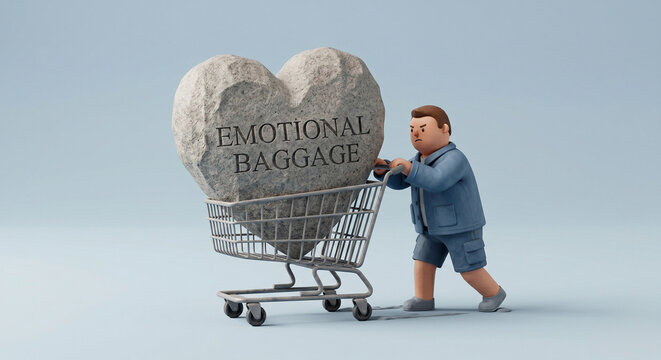 Minimalist clay-style character pushing a shopping cart loaded with a giant stone heart labeled &ldquo;EMOTIONAL BAGGAGE&rdquo;