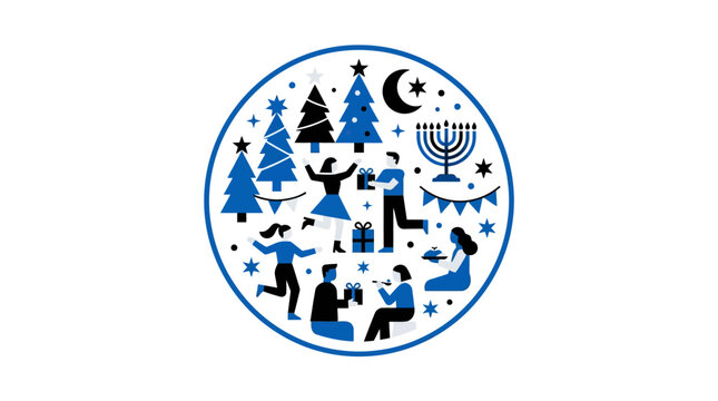 Holiday Celebration Circle: People, Gifts, Trees, Menorah, Stars, Moon