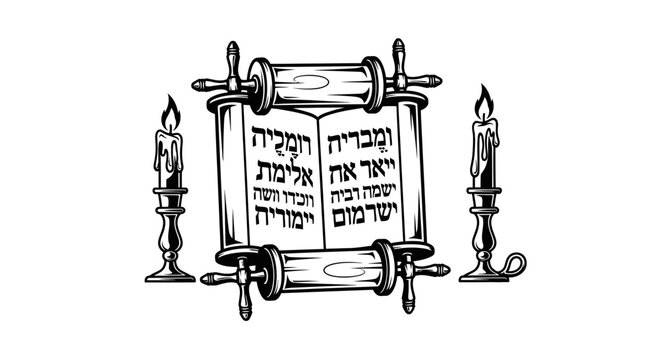 Black and White Illustration of Jewish Torah Scroll and Sabbath Candles