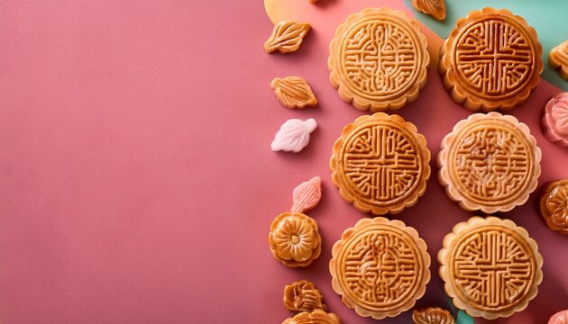 overhead view mooncake pattern on coloured background