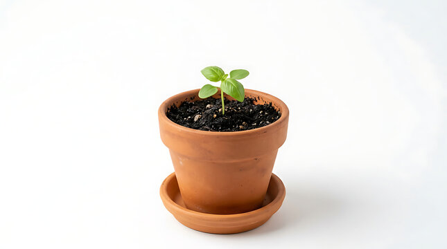 Small green plant in a terracotta pot on white background