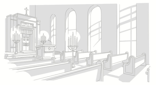 Black and White Line Art Illustration of a Jewish Synagogue Interior