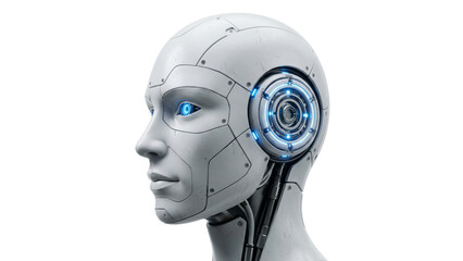 Detailed robotic head with glowing blue accents side view on transparent background robot android cyborg © ATIQULISLAM