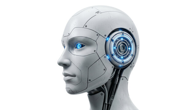 Detailed robotic head with glowing blue accents side view on transparent background robot android cyborg