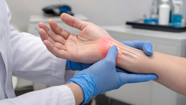 Carpal tunnel syndrome wrist treatment concept, photorealistic clinical procedure image showing doctor examining hand numbness and median nerve pain for medical education and patient communication