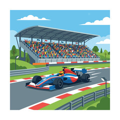 Naklejka premium Formula 1 racing car speeds on track with grandstand crowd cheering