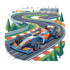 Naklejka premium Formula 1 car racing on a winding track with grandstands and trees, speed concept