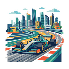 Naklejka premium Fast Formula 1 Race Car Speeds Through Urban Cityscape Track, Modern City Backdrop